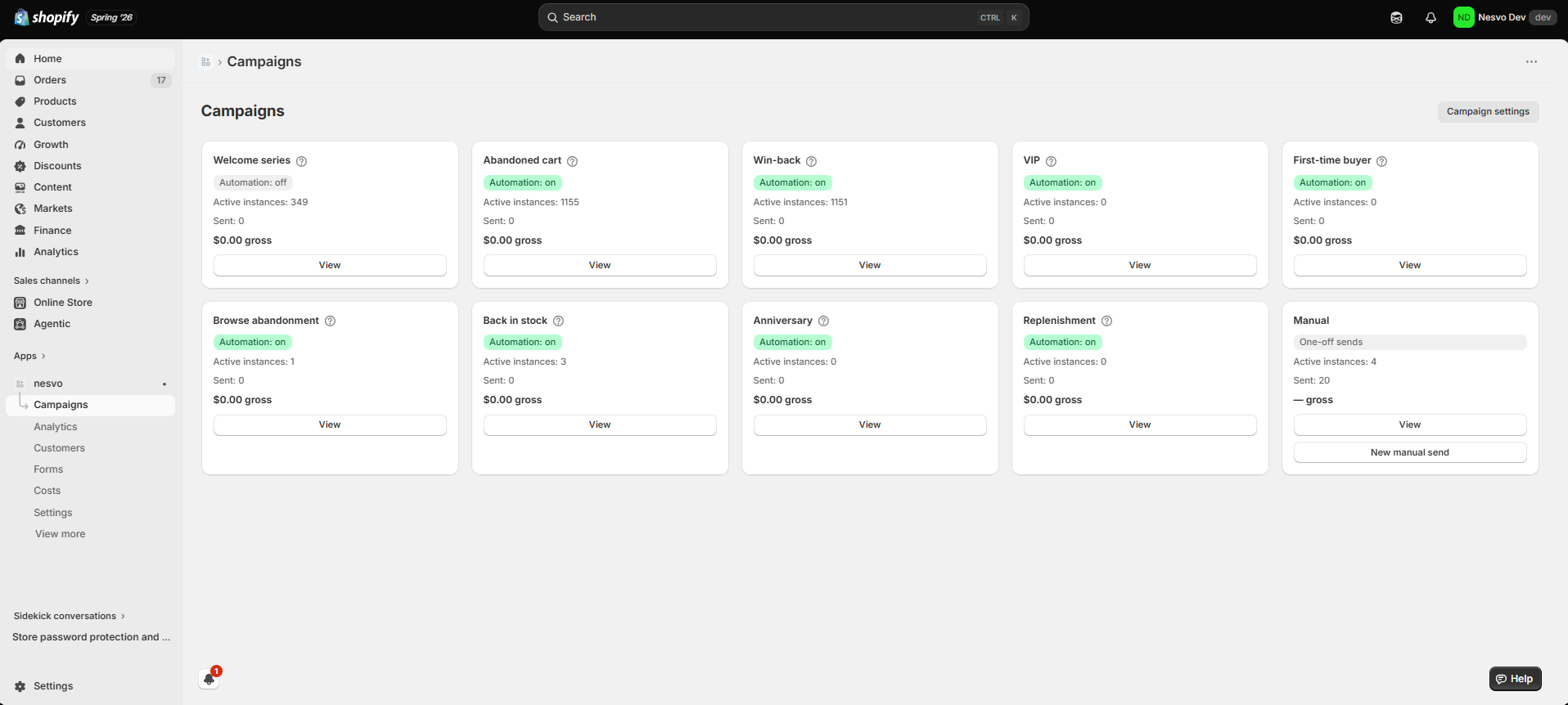The Nesvo campaigns screen inside Shopify admin, listing nine automated campaigns plus manual sends, with automation status and active instance counts.